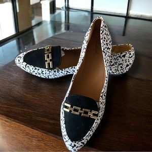 Black & White Animal Print Faux Suede Flats with Gold‎ Detailing